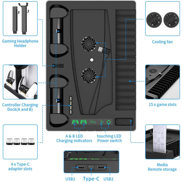 PS5-stativ med kylfläkt PS5-konsoltillbehör Stativ PS5-laddningsstation PS5-headsetstativ Intelligent mikrostyrning