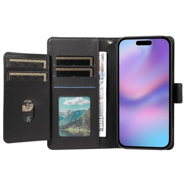 Multi Card Plånbok Läder Telefonfodral Kompatibelt med iPhone 17 Pro-lingling} Black iPhone 17