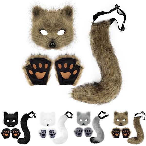 Europeisk Cup Spesialtilbud! Høy kvalitet ny Therian Paws Furry Maske & Hale Sett Jentete Kattemaske Halloween Party Kostyme Grey