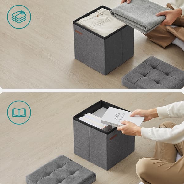 Foldable Soft Footstool with Storage in Dark Grey Fabric