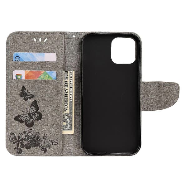 Præget Blomst Sommerfugl Læder Wallet Case Kompatibel med iPhone 12 Pro 12 --lingling} Multicolor Grey