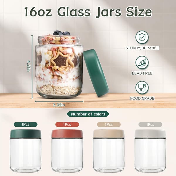 Overnight Oatmeal Jar, Glass Jar with Lid, 500ml, 4-Pack