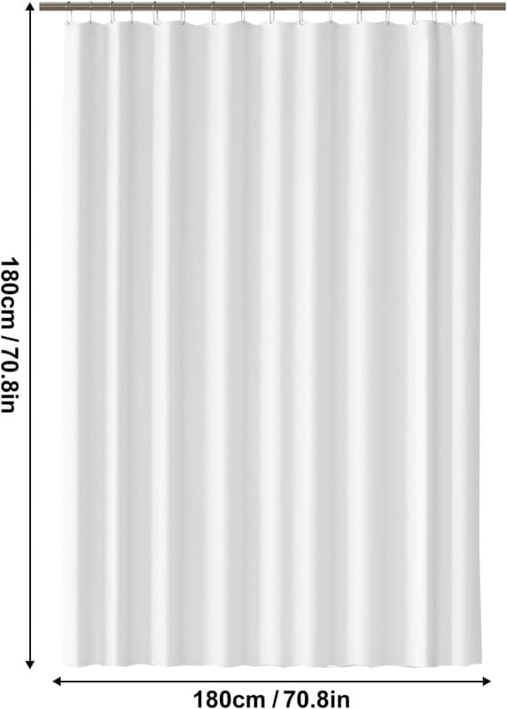 Waterproof Shower Curtain 180x180 cm – Solid Color with Hooks, Washable & Quick-Drying White