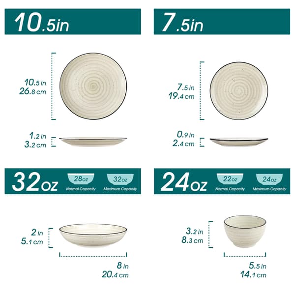 24 delar beige stengodsset - handmålade spiralmönstrade tallrikar skålar middag efterrätt soppa 24 PCS