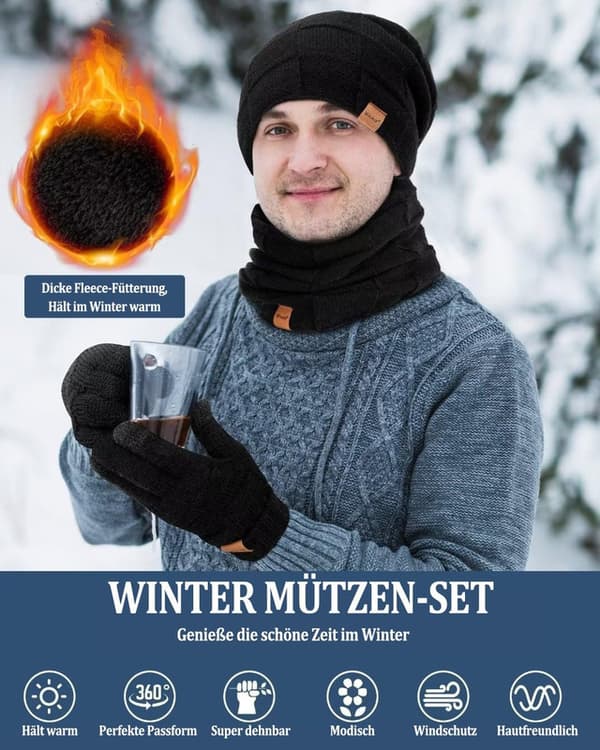 Winter Hat, Scarf & Touchscreen Gloves Set – Knitted, Unisex Vit