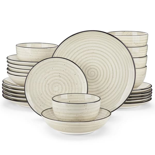 24 delar beige stengodsset - handmålade spiralmönstrade tallrikar skålar middag efterrätt soppa 24 PCS