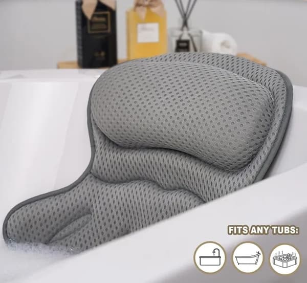 Bathtub Pillow - Ergonomic Neck & Back Support with 4D Air Mesh & 6 Suction Cups grå