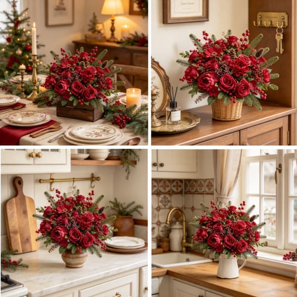 Artificial Christmas Flowers 13-Pack – Mixed Bouquet, Table Decor