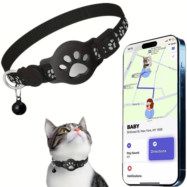Pet Tracker, GPS Collar compatible with iOS, Apple Find My Tracker, Pet Tracker for Cat Tracker and Dog, Waterproof & Reflective Black A