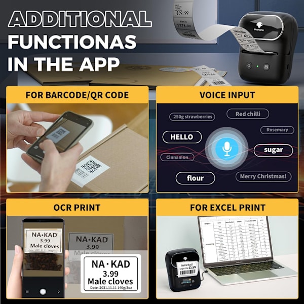 Mini Thermal Multifunction Printer with 1 Label Tape – Portable Bluetooth Label Printer 11.4x8.7x5.9 cm