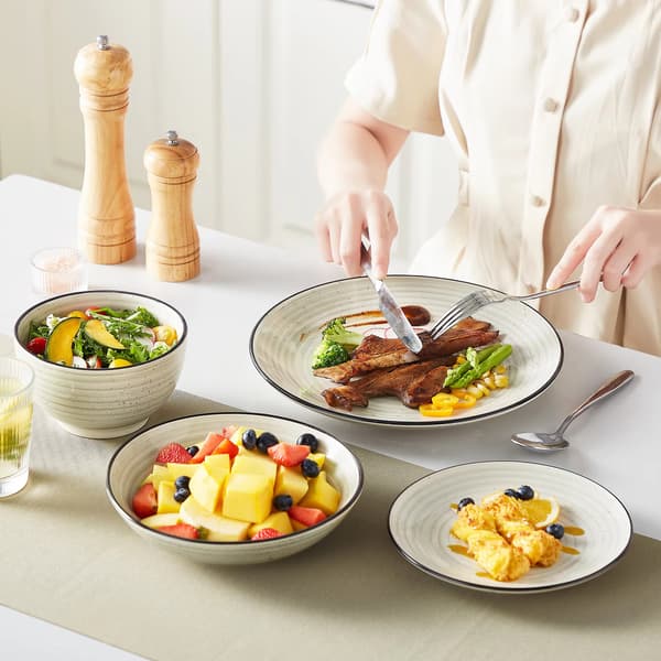 48 delar beige stengodsset - handmålade spiral tallrikar skålar middag dessert soppa 48 PCS
