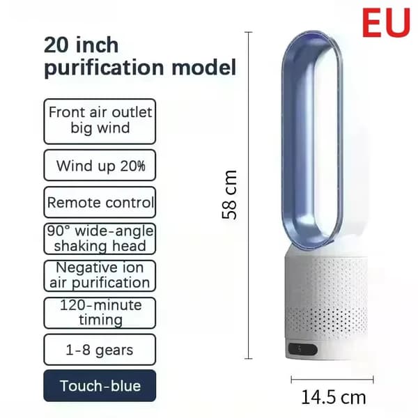 220V Bladeless Tower Fan 20\" - Tyst Luftrenare Cirkulator - Blå Blue