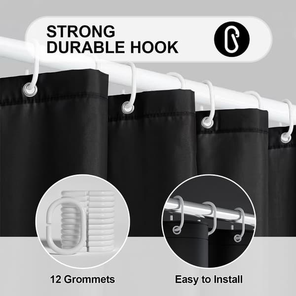 Waterproof Shower Curtain 180x180 cm – Solid Color with Hooks, Washable & Quick-Drying Black