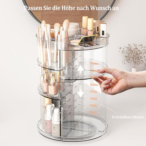 360° Rotating Makeup Storage – Transparent Cosmetic Organizer with 8 Adjustable Compartments