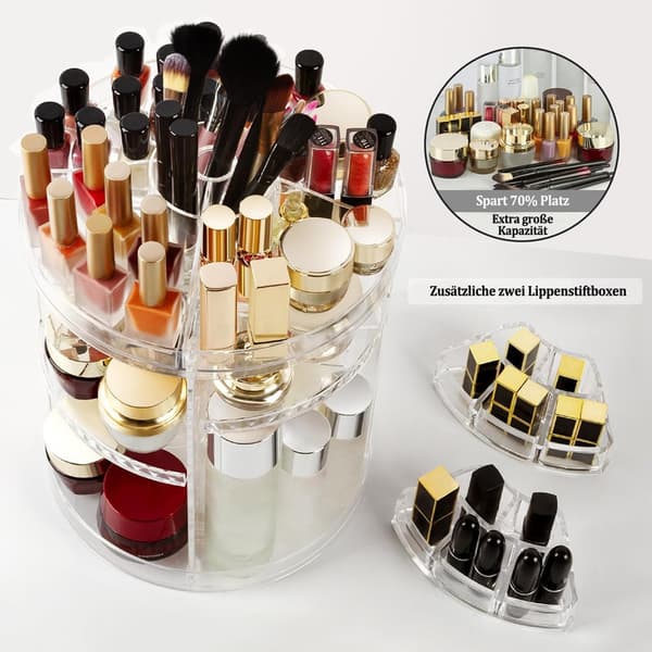 360° Rotating Makeup Storage – Transparent Cosmetic Organizer with 8 Adjustable Compartments
