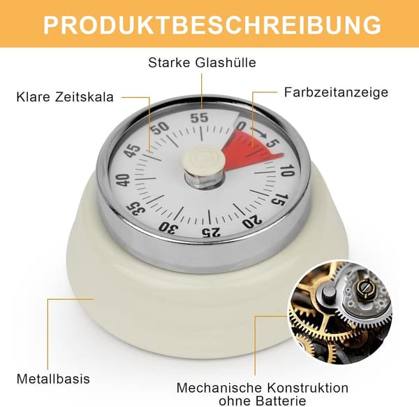 Mekanisk ur 60 min - Visuel timer køkkentimer med magnet i rustfrit stål 3.6 x 7.3cm Red