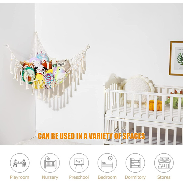 Storage Net, Hanging Toy Organizer - Boho Macrame Net/Hammock for Stuffed Animals