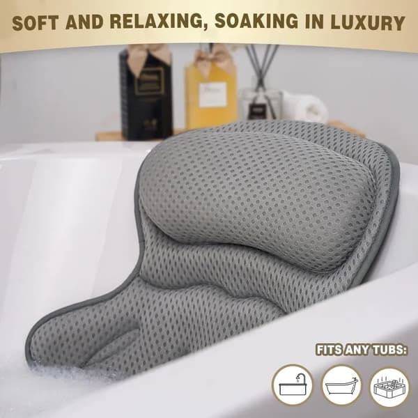 Bathtub Pillow - Ergonomic Neck & Back Support with 4D Air Mesh & 6 Suction Cups grå