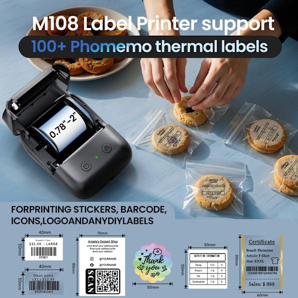 Mini Thermal Multifunction Printer with 1 Label Tape – Portable Bluetooth Label Printer 11.4x8.7x5.9 cm