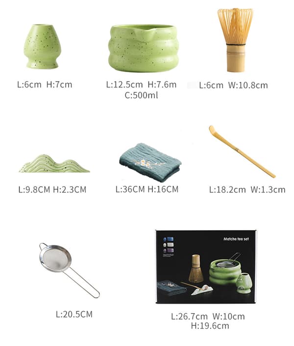 7-Piece Ceramic Matcha Tea Set with Matcha Bowl, Whisk, and Accessories grön