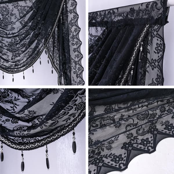 Sort blondekaskadevalance 2,5 m - Blomstret vinduesbehandling til køkken og badeværelse Black 250*105cm
