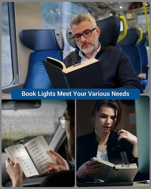 Portable USB Rechargeable LED Book Light with Clip for Reading in Bed, Adjustable Brightness, Dimmable Bookmark Lamp vit