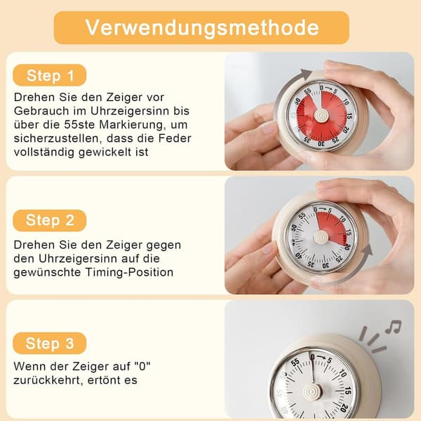 Mechanical Clock 60 min - Visual Kitchen Timer with Stainless Steel Magnet 3.6 x 7.3cm Red