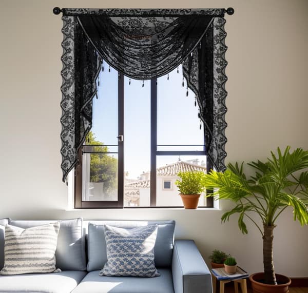 Sort blondekaskadevalance 1m - Blomstret vinduesbehandling til køkken badeværelse Black 100*105cm