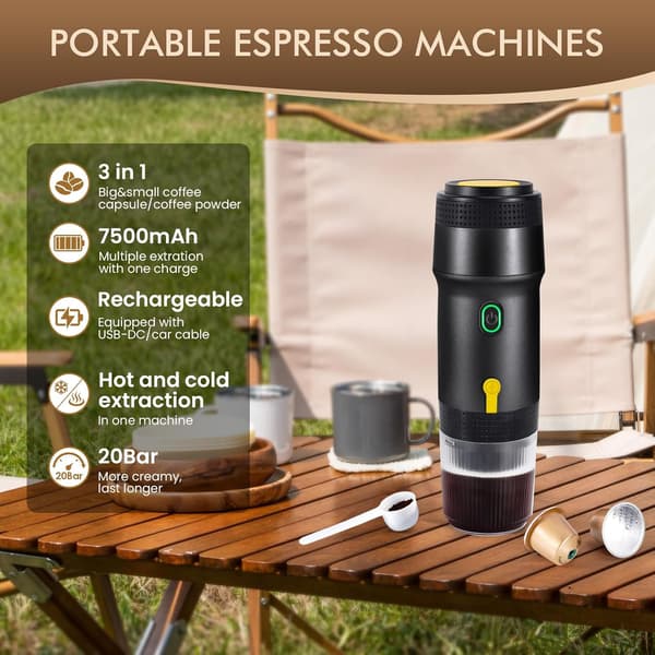 12V 3-i-1 Espressomaskine - 7500mAh NS & Formalet Kaffe Sort Black USB + Car Cable