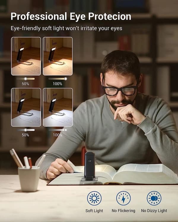 Portable USB Rechargeable LED Book Light with Clip for Bed Reading, Adjustable Brightness, Dimmable Bookmark Lamp rosa