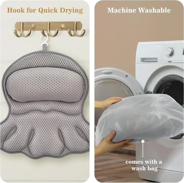 Bathtub Pillow - Ergonomic Neck & Back Support with 4D Air Mesh & 6 Suction Cups grå