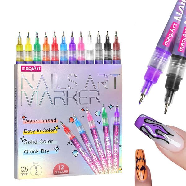 12 Pcs Nail Art Pen Marker Set 0.5mm Fine Tip for Precise Graffiti Drawing
