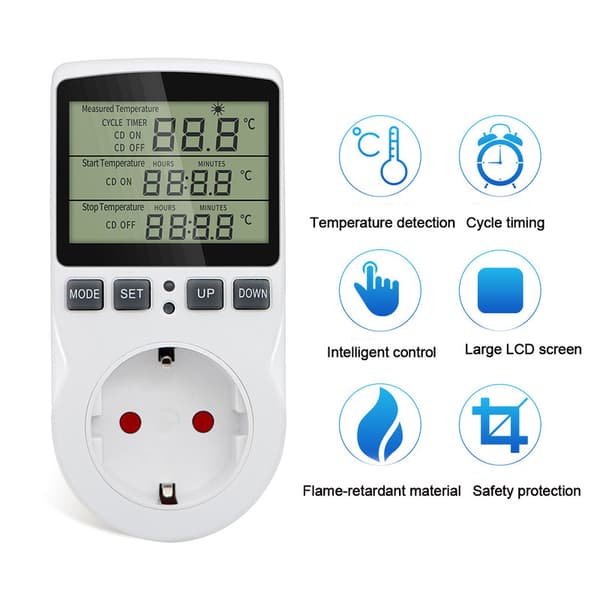 Digital Thermostat with Socket for Heating and Cooling – Universal Thermostat with LCD and Timer, Temperature Control vit