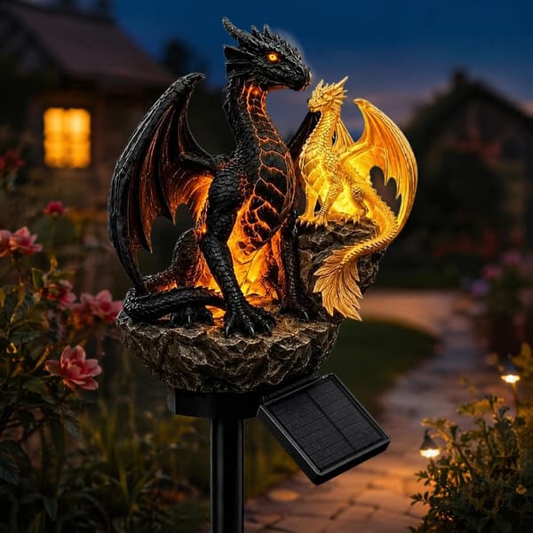 Solardrake Trädgårdsstaty 2-pack - LED Harts Väderbeständig för Gräsmatta Veranda Drakpresent Black 2 PCS