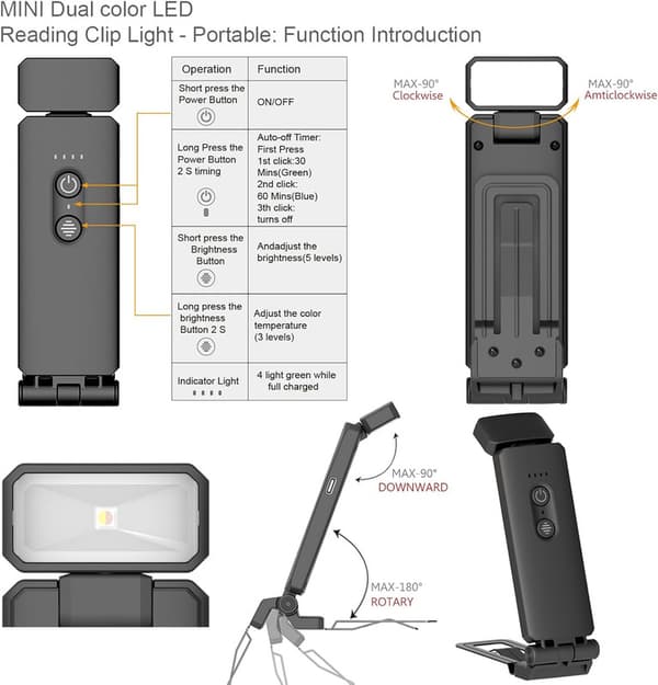 Portable USB Rechargeable LED Book Light with Clip - 3 Color Temperatures, 5 Brightness Levels, 30/60 Min Timer blå