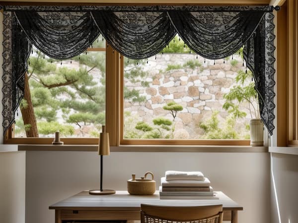 Sort blondekaskadevalance 2,5 m - Blomstret vinduesbehandling til køkken og badeværelse Black 250*105cm