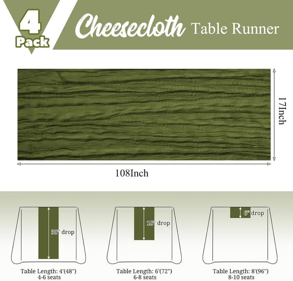 4-pack bordslöpare i muslin 17x108 tum armégrön - Boho rustik bröllopsdekor Army green