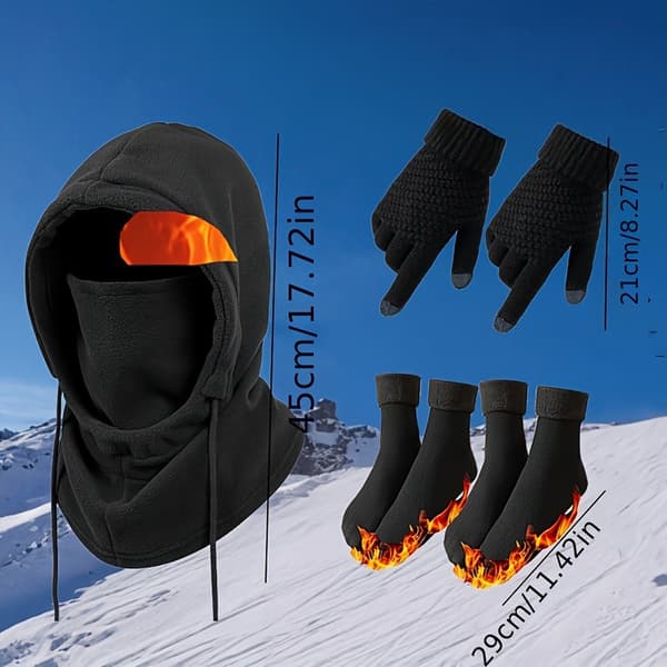 Ski Set with Balaclava, Gloves & Socks – Windproof, Adjustable and Warm, Black 4PCS