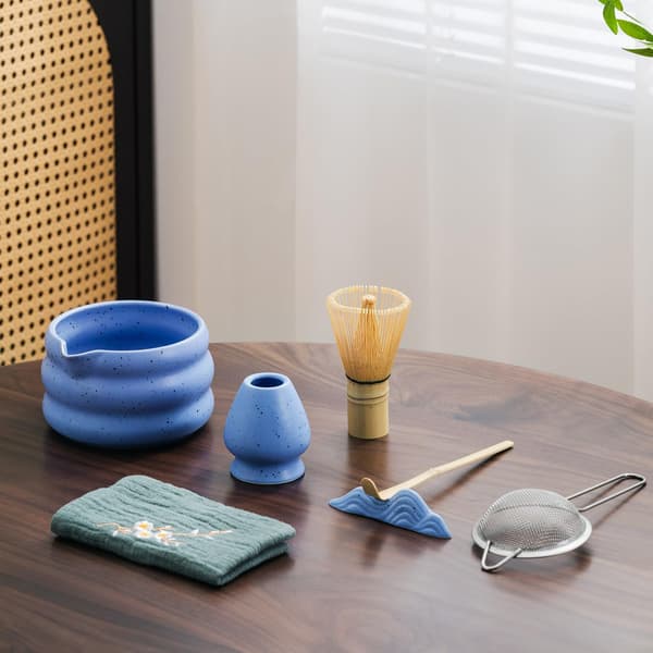 7-Piece Ceramic Matcha Tea Set with Matcha Bowl, Whisk, and Accessories blå