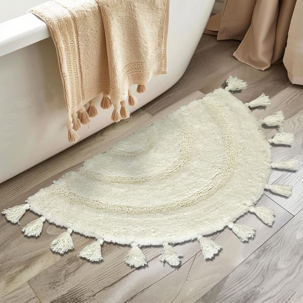Creme Boho Halvcirkel Badrumsmatta - Bomull Virkad Halkfri 50x75 cm White