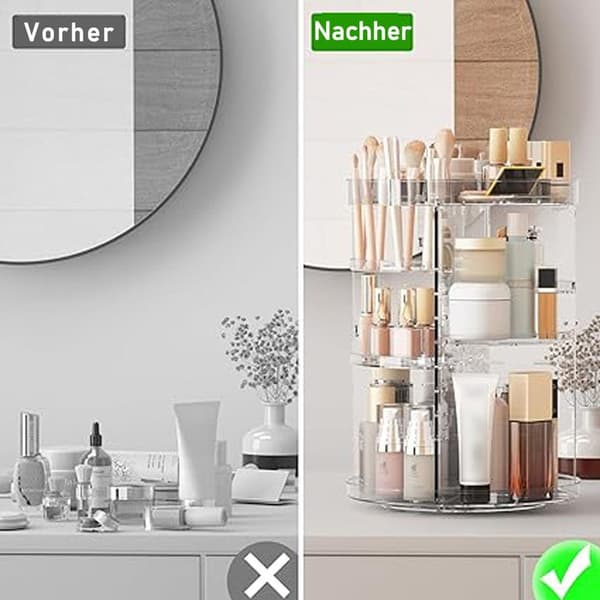 360° Rotating Makeup Storage – Transparent Cosmetic Organizer with 8 Adjustable Compartments