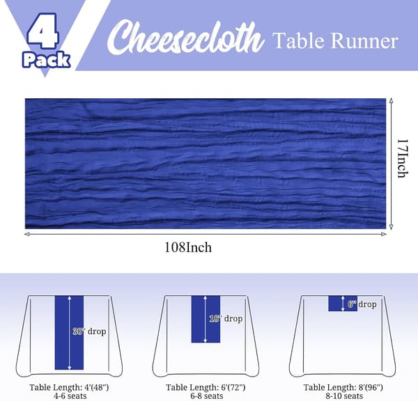 4-pack bordslöpare i muslin 43x274cm Kungsblå - Boho Rustik Bröllopsdekor Royal blue