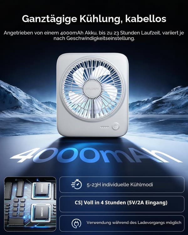 Kompakt Stille Bordventilator, Genopladelig USB-ventilator med 4 Hastigheder og Foldbart Design, Perfekt til Rejser og Arbejde Black