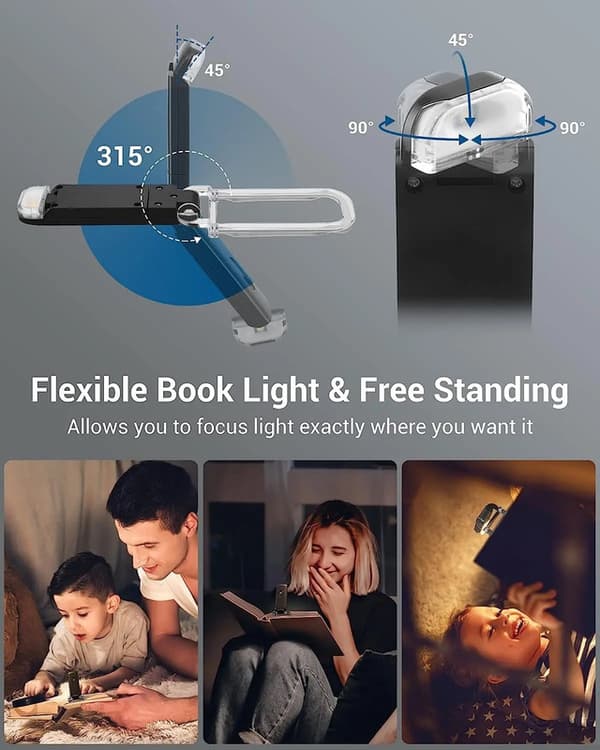 Portable USB Rechargeable LED Book Light with Clip for Bed Reading, Adjustable Brightness, Dimmable Bookmark Lamp svart