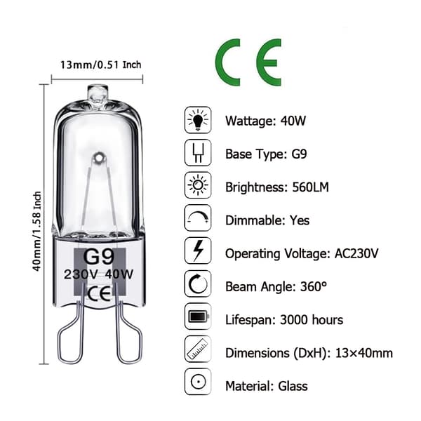 10-pack G9 Halogen Lamps 25W/28W/40W, 230V 40W