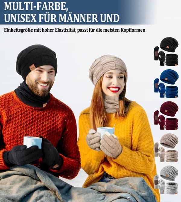 Winter Hat, Scarf & Touchscreen Gloves Set – Knitted, Unisex Mörk marinblå