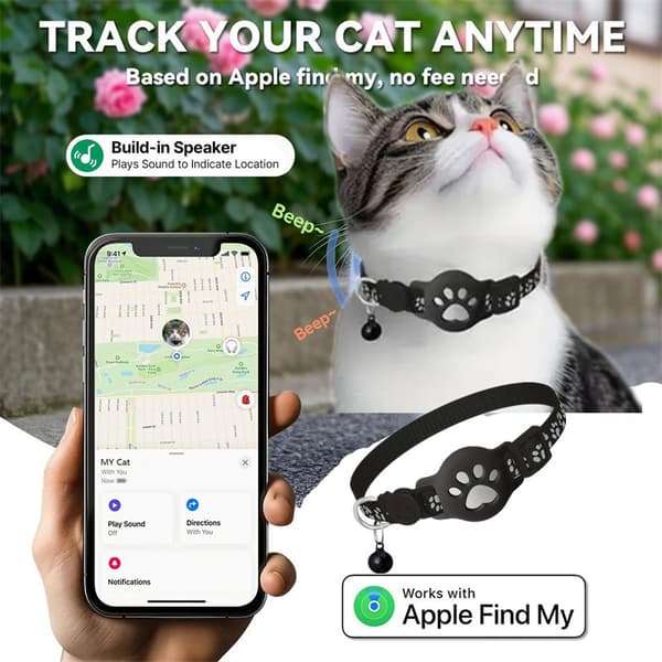 Pet Tracker, GPS Collar compatible with iOS, Apple Find My Tracker, Pet Tracker for Cat Tracker and Dog, Waterproof & Reflective Black B
