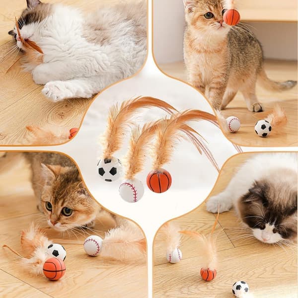 Interactive Cat Toys for Indoor Cats, Pet Bounce Ball | 3 Pieces Interactive Bouncing Ball with Feathers