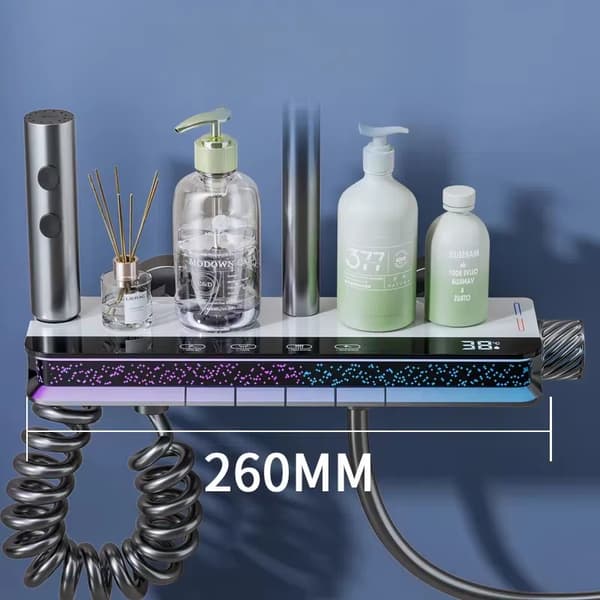 Digital termostatisk bruser med spejl - Regnbruser, LED-stjernelys, 3-vejs, badekararmatur i messing