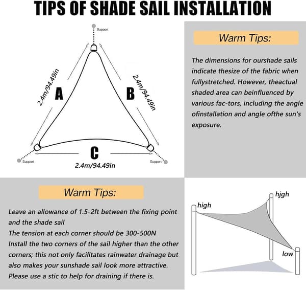 Vattentät triangulär solsegel – UV-skydd, för trädgård, terrass och pool, inklusive monteringsmaterial Lake blue 3x4x5m